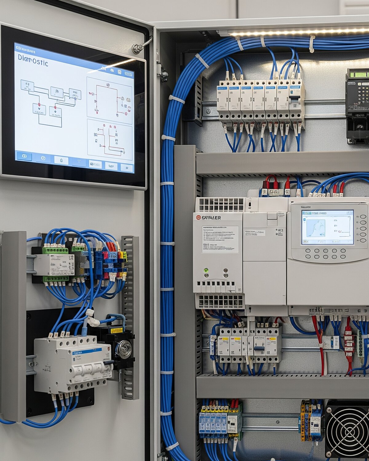 An electrical control panel with its diagnostic screen open beside the PLC, breakers and I/O modules