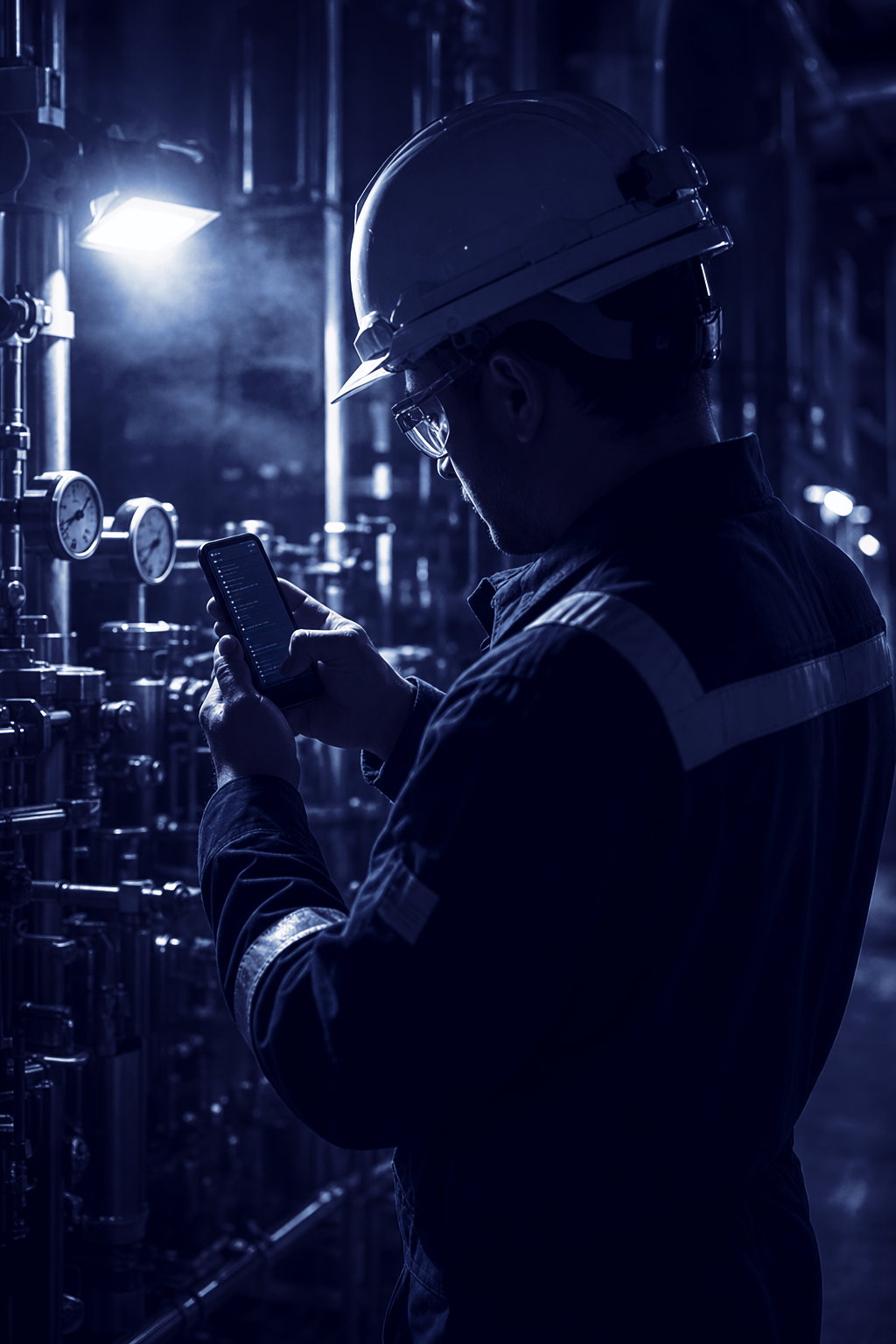 A maintenance engineer checking OSAMZA on his phone beside a stopped machine during a fault